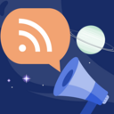 Simple ilustration with a megaphone, a speech bubble with a RSS icon inside and a planet and stars in the background.