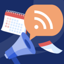 Simple ilustration with a megaphone, a speech bubble with a RSS icon inside and a calendar in the background.