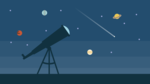 Illustration of a telescope and the night sky with planets and a shooting star