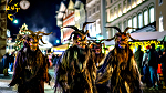 Three people in Krampus costumes at night in Bad Toelz, Germany.