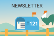 Illustration of a letterbox with the number 121 on it and a rooster on a fence and the wording Newsletter on the top.