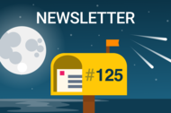 Illustration of a letterbox with the number 125 on it, with a big full moon and shooting stars on a dark sky in the background.