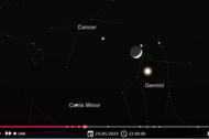 The timeanddate Night Sky Map for New York showing (from left to right) Mars, the Moon, and Venus.