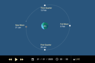 timeanddate's Moon phase visualization tool showing the New Moon for January 2023