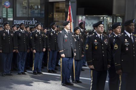 US Army personnel march in Americas Parade up 5th Avenue on Veterans Day in Manhattan.