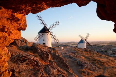 Flour mills on sunrise. La Mancha