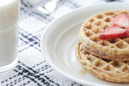 Waffles and milk for breakfast.