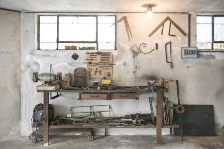 An old workbench in a basement.