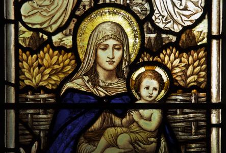 Stain glass representation of the virgin Mary and baby Jesus