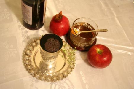 A meal set on a table for Rosh Hashana.