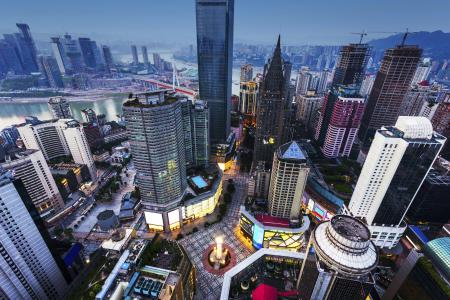 High angle view of skyscrapers in Chongqing, China at sunset.