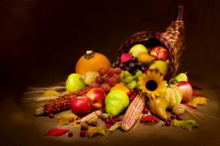 Thanksgiving-Symbolbild mit Blumen, Nüssen, Obst und Gemüse