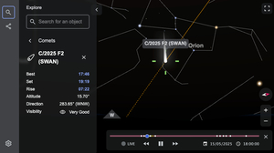 Simulation of where comet C/2025 F2 (SWAN) might appear in the sky over Sydney, Australia, in May 2025—but comets are notoriously unpredictable. Note: The size of objects of timeanddate.com’s Night Sky Map is exaggerated.