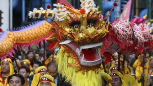 Picture of a typical long dragon float for the Chinese New Year.