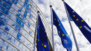 EU Flags at the European Commission Building in Brussels, Belgium. 