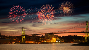 Fireworks over Halifax Skyline and The Angus L. MacDonald Bridge, Nova Scotia, Canada.