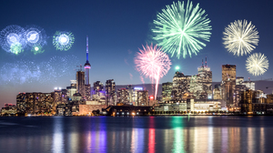 Colorful fireworks over the Toronto skyline.