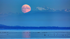 A big orange pink Full Moon rising behind snowy mountains and reflected on an icy lake.   