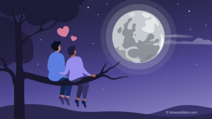 Illustration of two people sitting on a tree branch, watching the full moon.