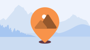 Illustration of an orange pin drop with a mountain inside