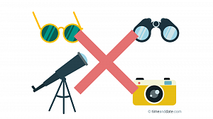 Illustration of sunglasses, telescope, binoculars, camera with a big red X across them. 
