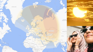 Collage of a map showing the path of the October 25, 2022 solar eclipse, a group of girls with eclipse glasses, and a partially obscured Sun.