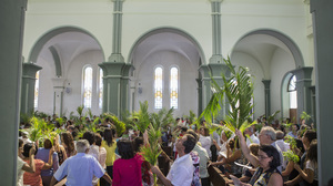Catholics congregation celebrating Palm Sunday in church holding palm branches.
