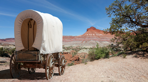 Photo of a covered wagon, red desert lanscape in the background.