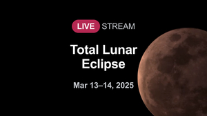 YouTube thumbnail for total lunar eclipse on March 14, 2025, showing eclipsed Moon.