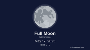 A dark blue graphic with Full Moon in May.