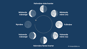 Illustrasjon av de fire hovedfasene og fire delfasene til månen. 
