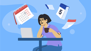 A young woman sitting by the desk holding a cup of tea. She is looking at the laptop screen and smiling. Calendars are floating around her.