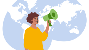 Illustration of a person making a speech in front of a world map