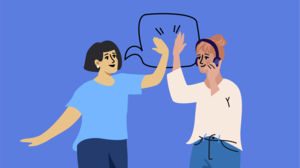 Two smiling women, high-fiving for good collaboration.