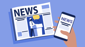 Vector illustration of newspaper and hand holding a phone with news on the screen.