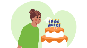 Illustration of woman blowing out candles on a birthday cake.