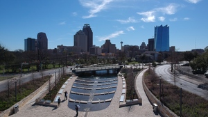 A view of the San Antonio skyline from the San Pedro Creek Culture Park.