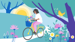 Illustration of woman with dark curly hair riding on a yellow bicycle with a basket full of flowers in a park with trees and spring flowers.