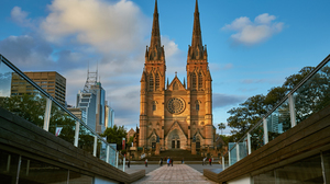 Wide angle shot over a bridge of St. Mary's Cathedral in Sydney, Australia.