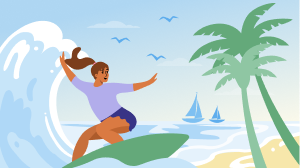 Illustration of woman surfing the waves