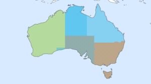 Map illustration of Australia showing the different time zones, each marked in a separate color.