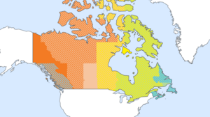 Map illustration of Canada showing the different time zones, each marked in a separate color.