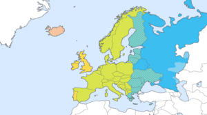 Map illustration of Europe showing the different time zones, each marked in a separate color.