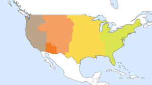 Map illustration of the USA showing the different time zones, each marked in a separate color.