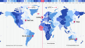 Time zone map illustration showing time zones for the whole world.