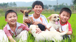 Smiling Asian children with their pet dogs.