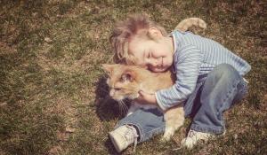 Young boy hugging his cat.