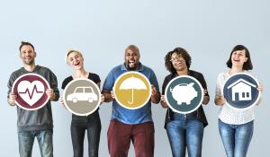 Image of people holding representative images of different types of insurances.