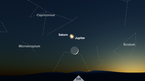 Jupiter, Saturn and a thin Crescent Moon appear close together just after sunset on December 16, 2020. This image is from our Night Sky Map for New York.