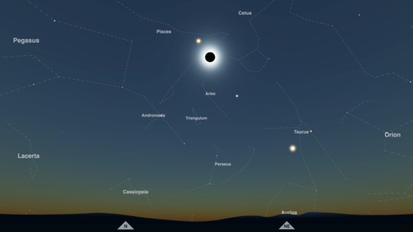 Start of totality, near Exmouth, Australia, April 2023—screenshot from timeanddate Night Sky Map.